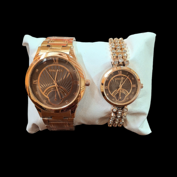 Analogx Quartz Analog Brown Round Dial Rose Gold Leather Strap Pair Watches - ANALOGX-PWCH-BROWN-ROSEGOLD-05