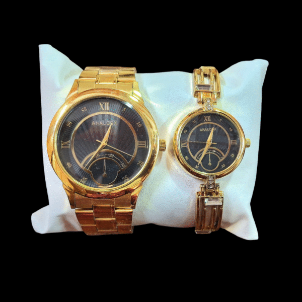 Analogx Quartz Analog Black Round Dial Gold Leather Strap Pair Watches - ANALOGX-PWCH-BLACK-XII-GOLD-03
