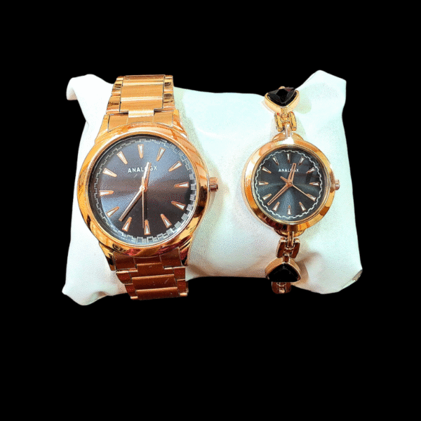 Analogx Quartz Analog Black Round Dial Rose Gold Leather Strap Pair Watches - ANALOGX-PWCH-BLACK-ROSEGOLD-04