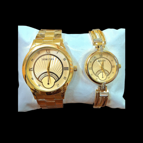 Analogx Quartz Analog Gold Round Dial Gold Leather Strap Pair Watches - ANALOGX-PWCH-GOLD-GOLD-01